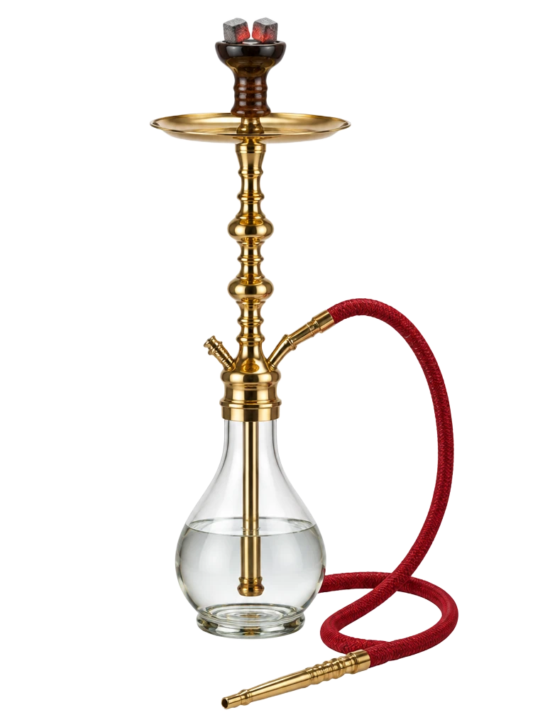 Gold hookah with a red hose and clear glass water base, a hookah visual for Marrakech Hookah Lounge & Cafe in Hatboro