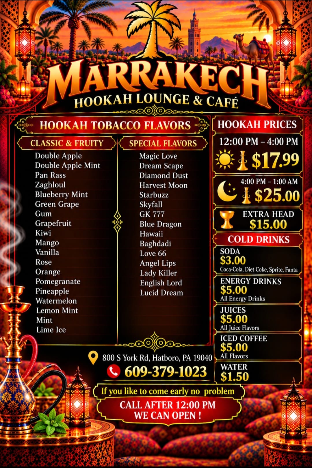 Marrakech Hookah Lounge and Cafe printed menu with 34 hookah flavors, session prices and cold drinks in Hatboro Pennsylvania